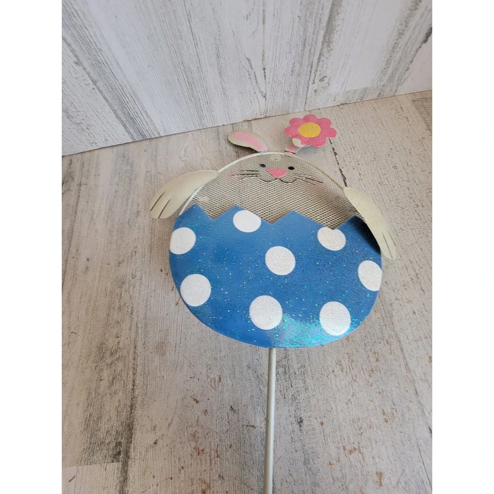 Vintage blue bunny egg polka dot lawn home decor spring flower metal rabbit